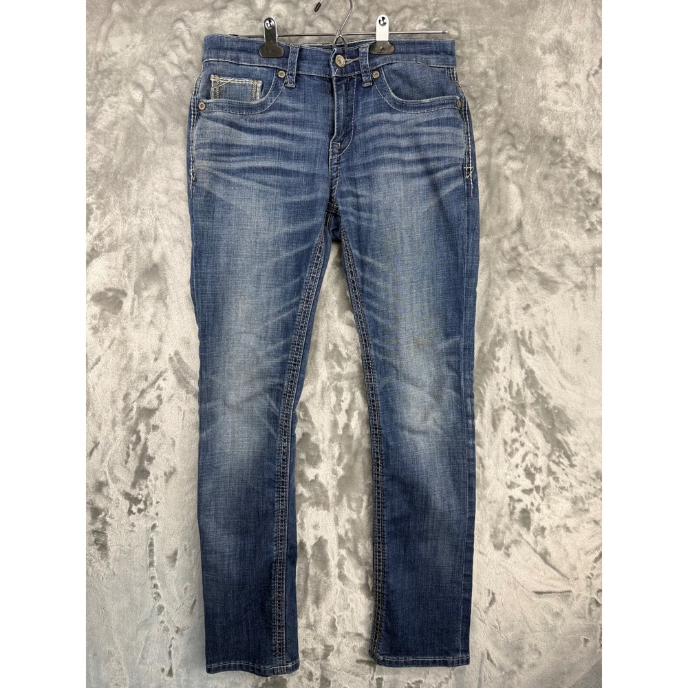 BKE Alec Straight Leg Mens Jeans 29R Medium Wash Denim Blue Embroidery Stitching